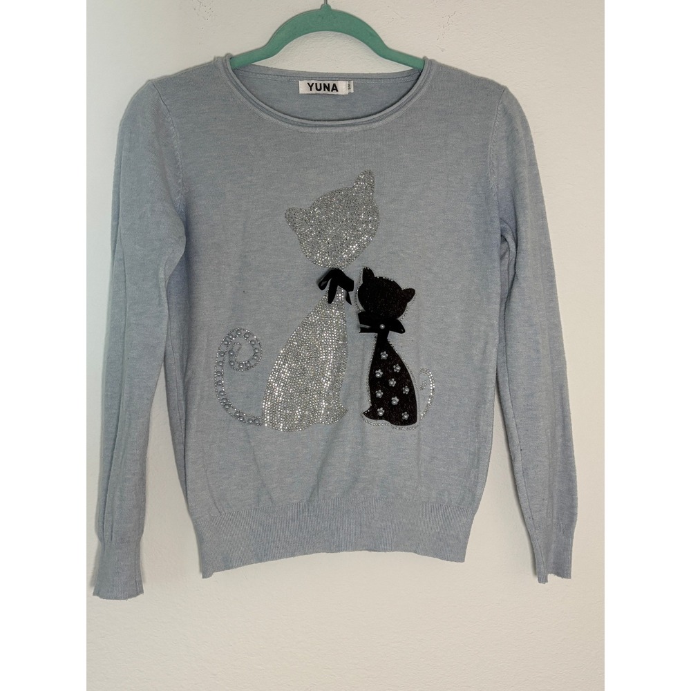 Yuna Light Blue Cat Rhinestone Sequin Knit Sweater Crewneck Long Sleeve Women S‎